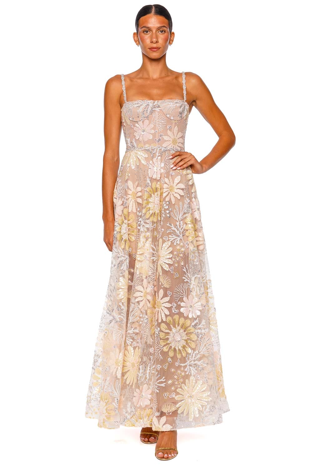 Bronx and Banco Midnight Embroidered Floral Multi Strap Gown