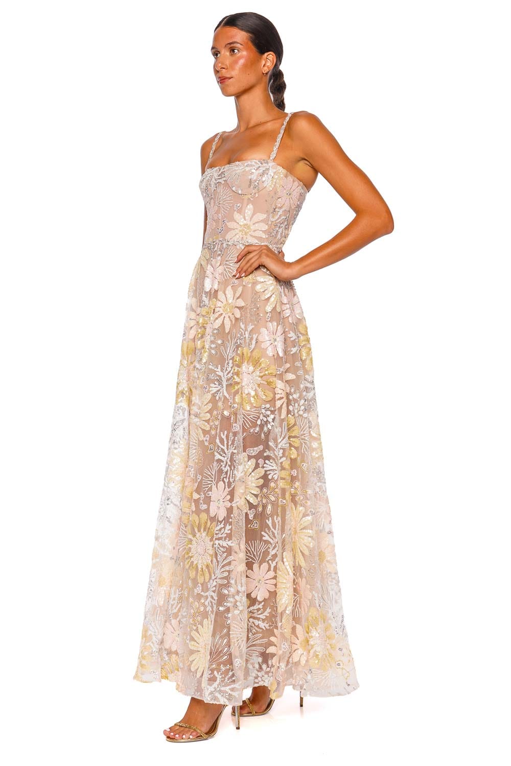 Bronx and Banco Midnight Embroidered Floral Multi Strap Gown
