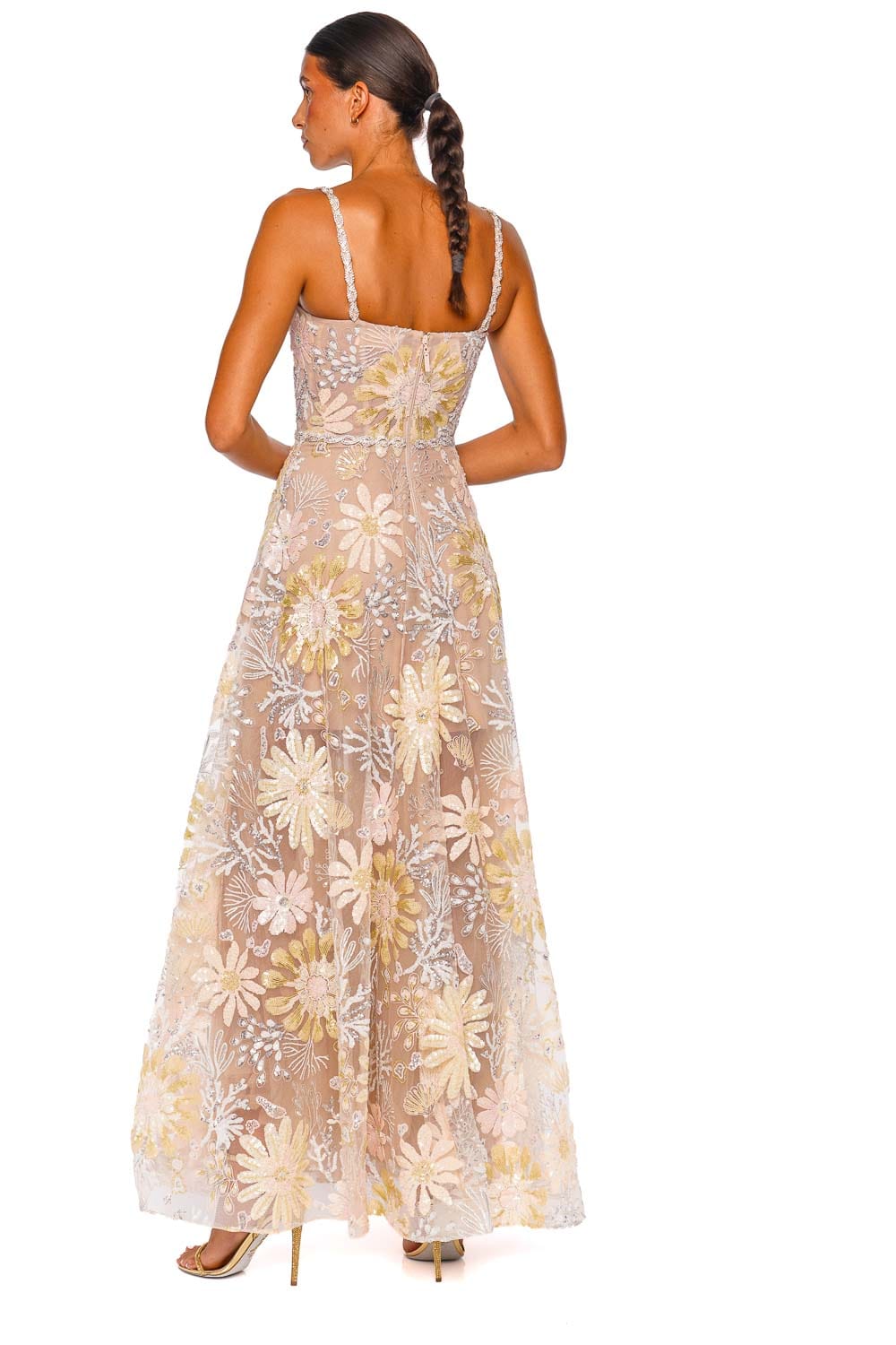 Bronx and Banco Midnight Embroidered Floral Multi Strap Gown