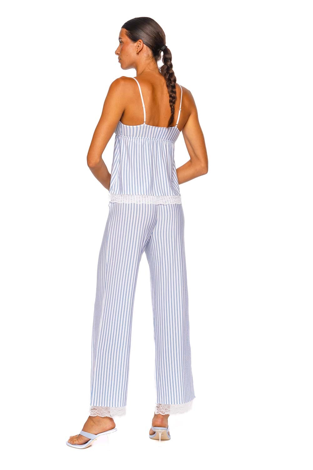 Eberjey Isla Blue and White Striped Lace Trim Cami and Pant Set