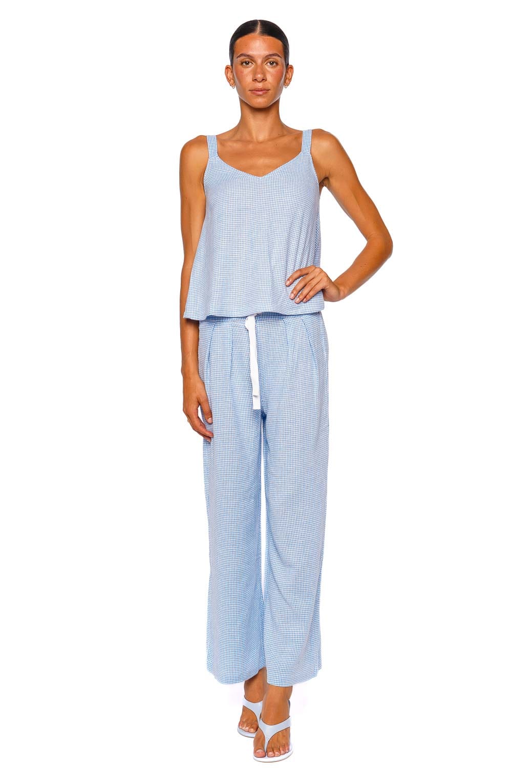 Eberjey Linen Blend V Neck Cami Blue Gingham Sleeveless Top