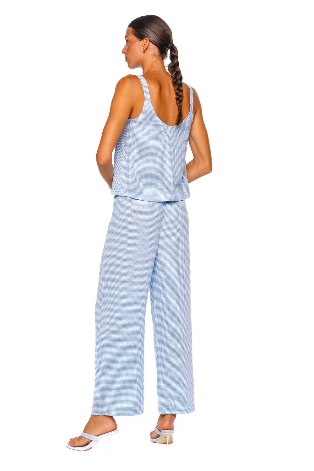 Eberjey Linen Blend V Neck Cami Blue Gingham Sleeveless Top