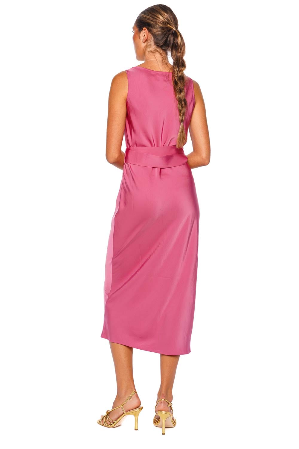 LAPOINTE Lightweight Satin Belted Dress Pink Sleeveless Midi Dress