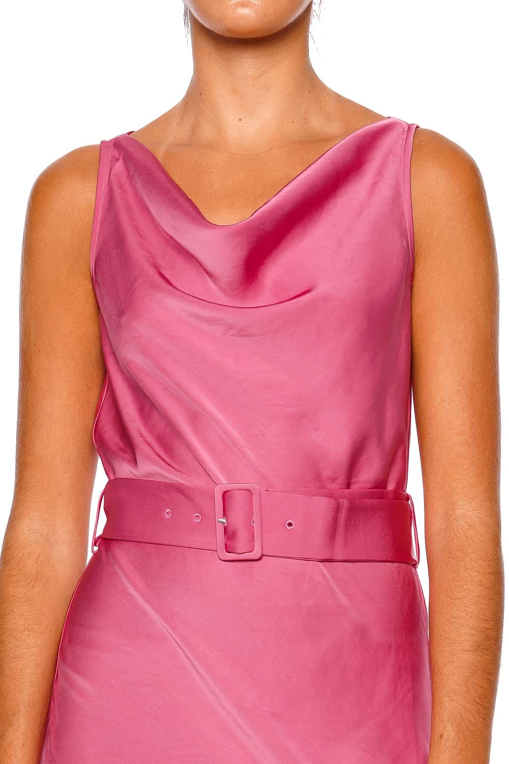 LAPOINTE Lightweight Satin Belted Dress Pink Sleeveless Midi Dress