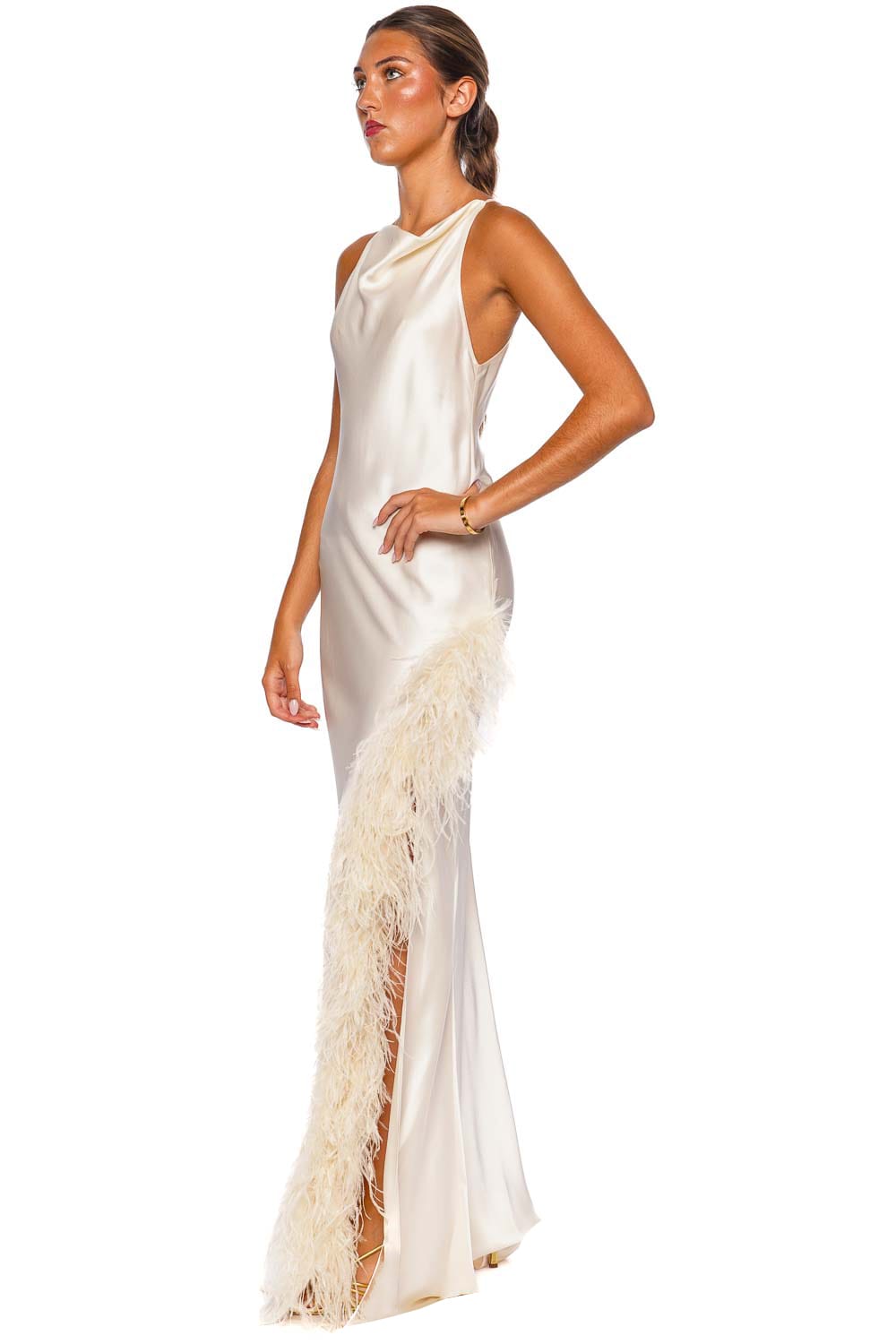 LAPOINTE Satin Halter Gown With Feathers Cream Sleeveless Column Gown
