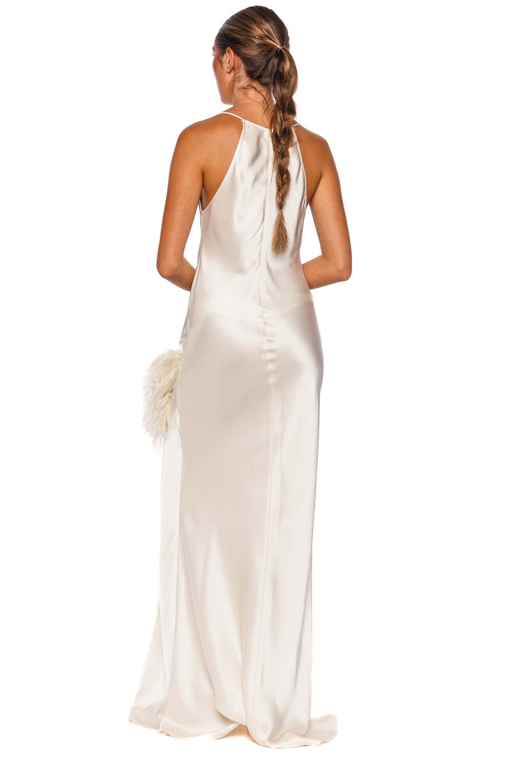 LAPOINTE Satin Halter Gown With Feathers Cream Sleeveless Column Gown