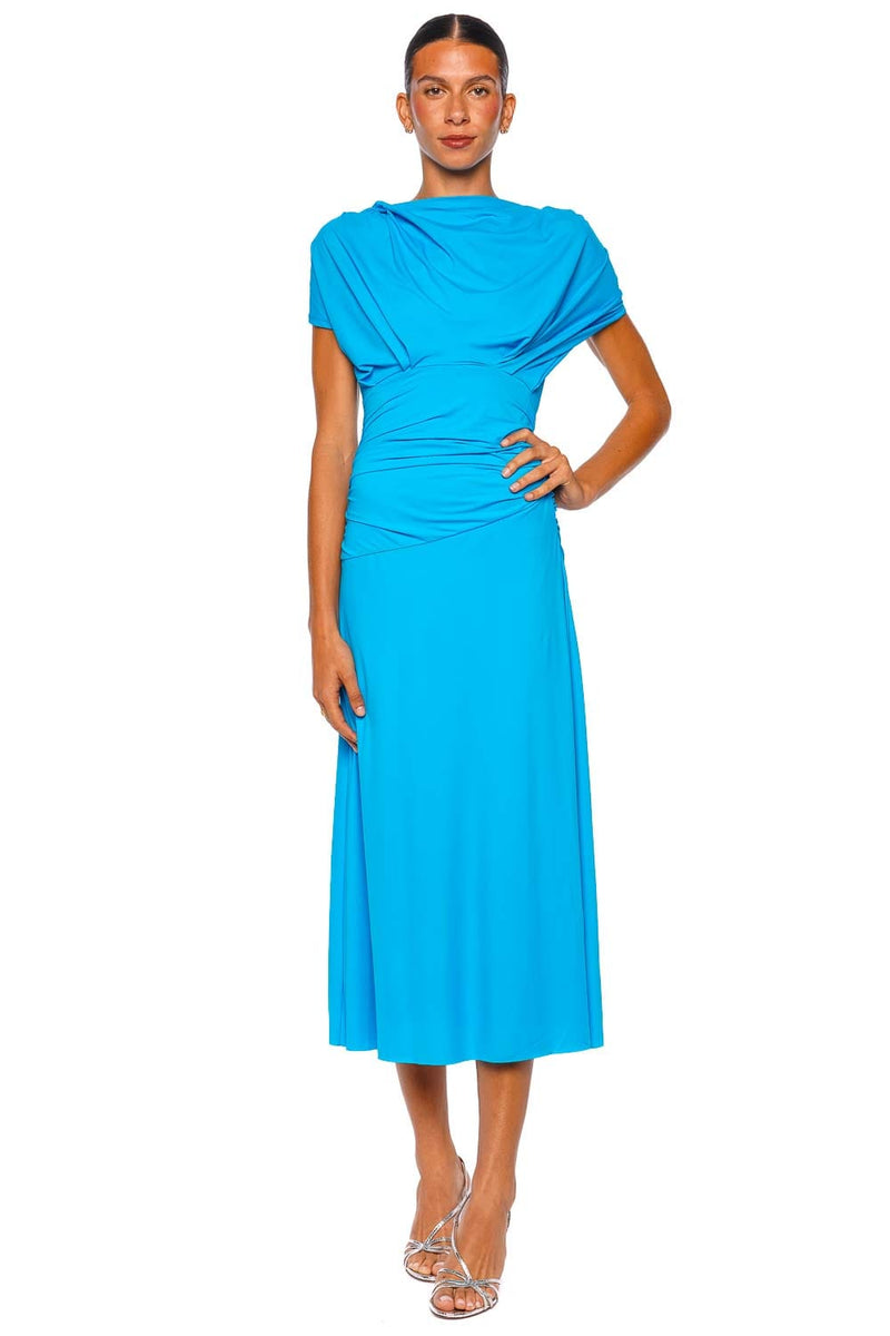 Rachel Gilbert Aether Aquamarine Draped Jersey Midi Dress
