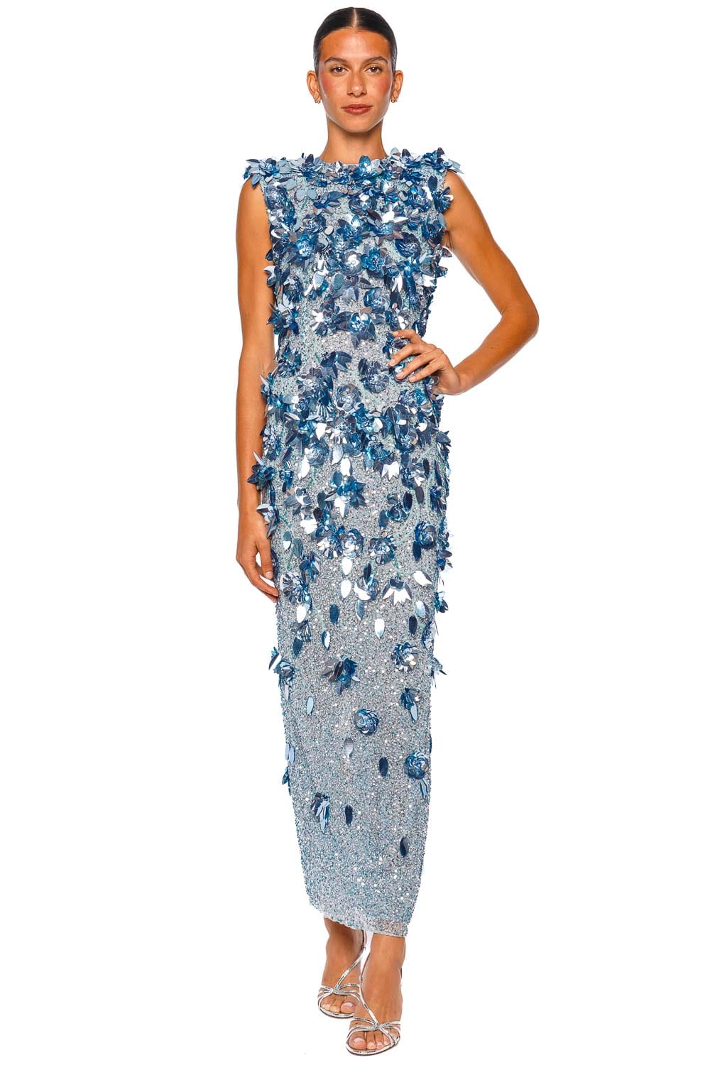 Rachel Gilbert Hugo Sky Blue Sleeveless Embellished Column Gown