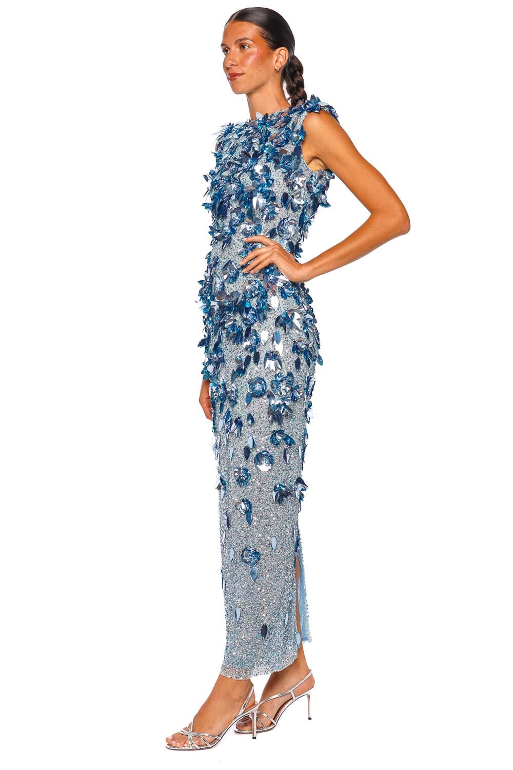Rachel Gilbert Hugo Sky Blue Sleeveless Embellished Column Gown