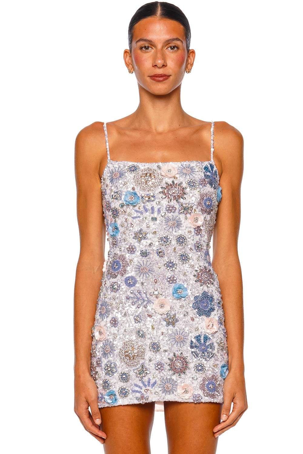 Rachel Gilbert Francesca Mini Ivory Pastel Strappy Embellished Mini Dress