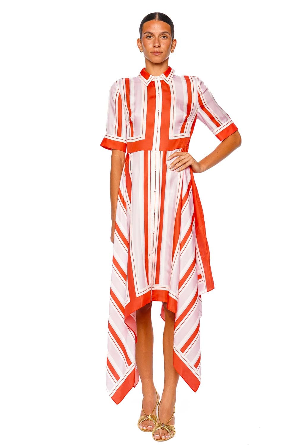 SIMKHAI Abrielle Tulip Stripe Short Sleeve Handkerchief Midi Dress