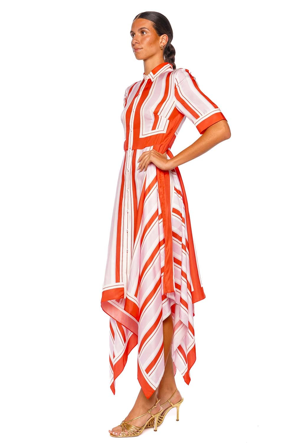 SIMKHAI Abrielle Tulip Stripe Short Sleeve Handkerchief Midi Dress