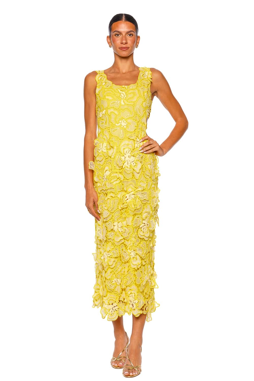 SIMKHAI Corinna Buttercream Floral Lace Midi Dress