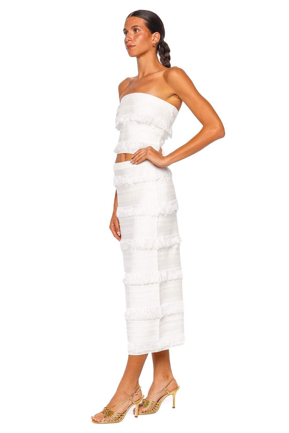Lula Ivory Striped Fringe Knit Midi Skirt