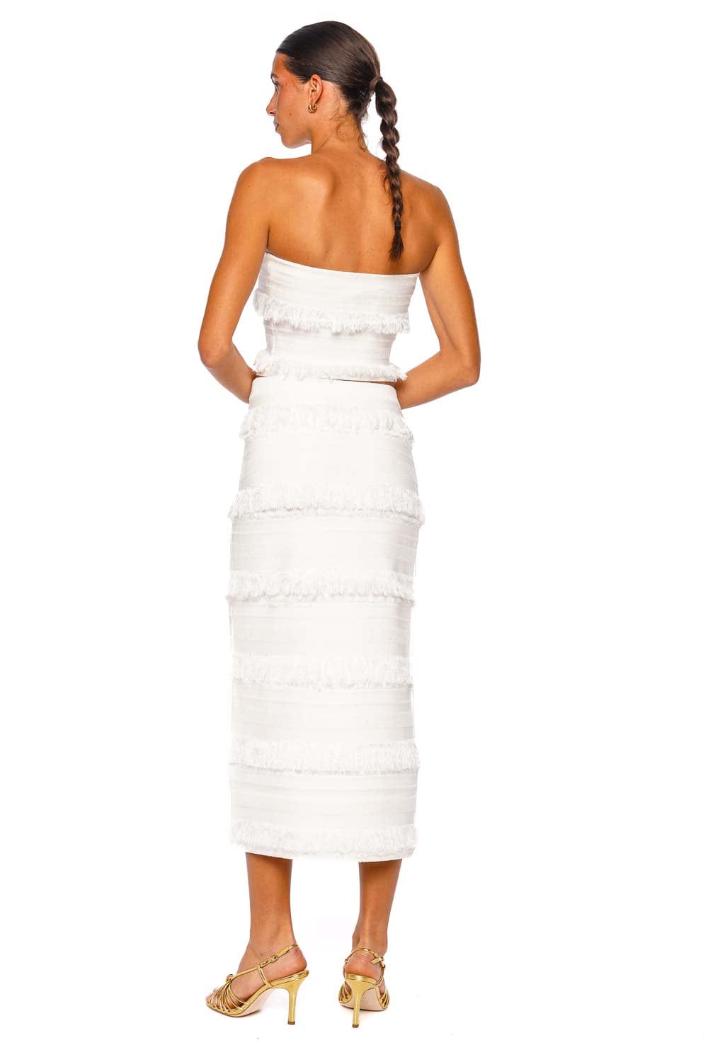 Lula Ivory Striped Fringe Knit Midi Skirt