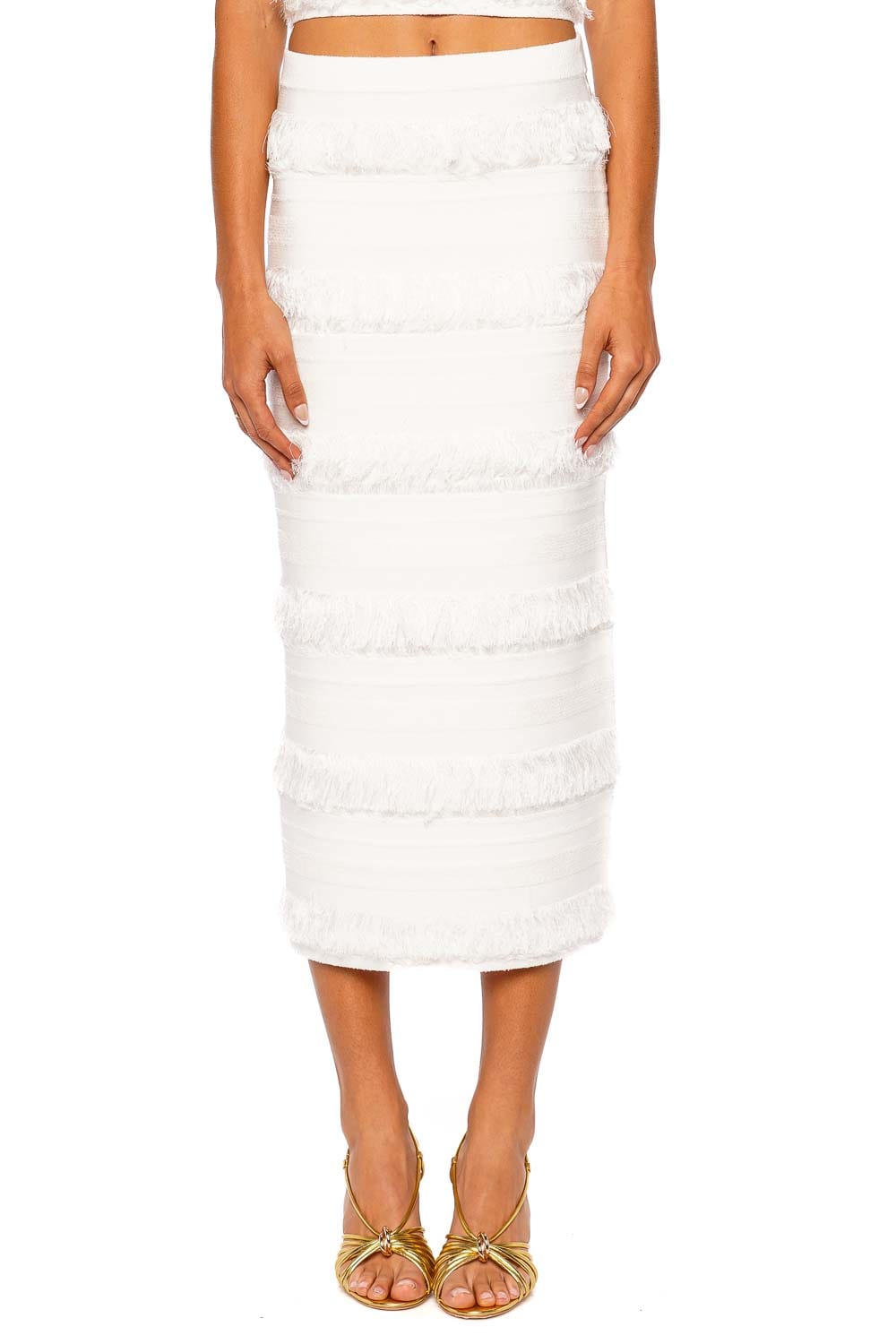 Lula Ivory Striped Fringe Knit Midi Skirt