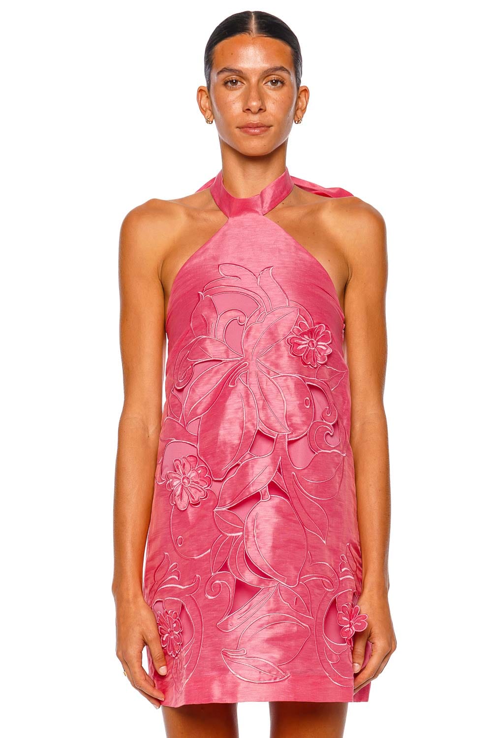 LEO LIN Lola Applique Fuchsia Halterneck Mini Dress