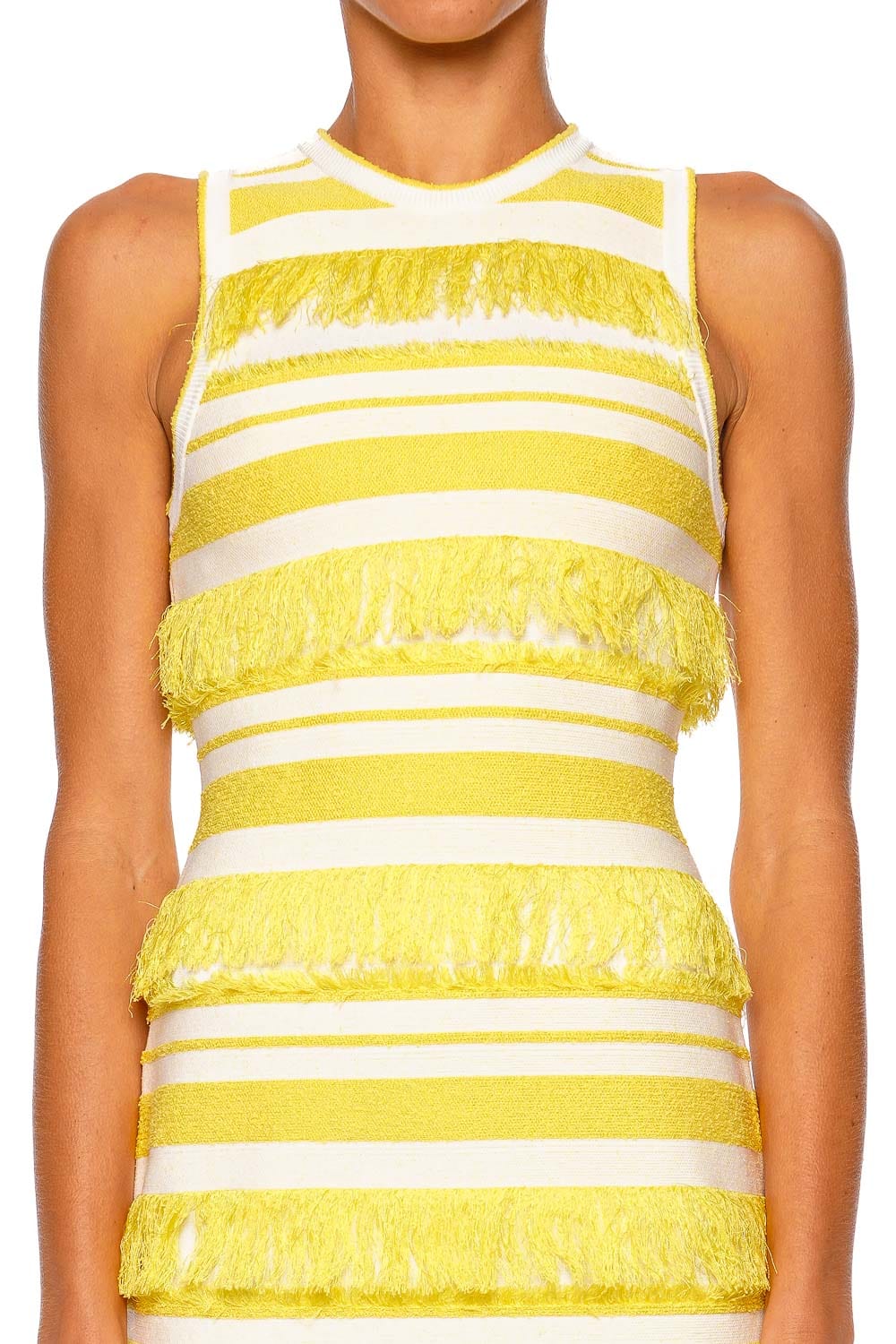 SIMKHAI Elly Knit Solar Stripe Sleeveless Mini Dress Yellow and White
