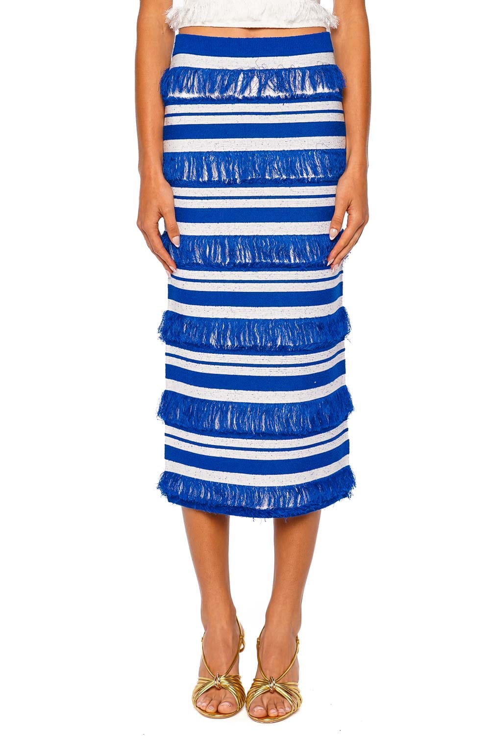 SIMKHAI Lula Royal Blue Stripe Knit Fringe Midi Skirt