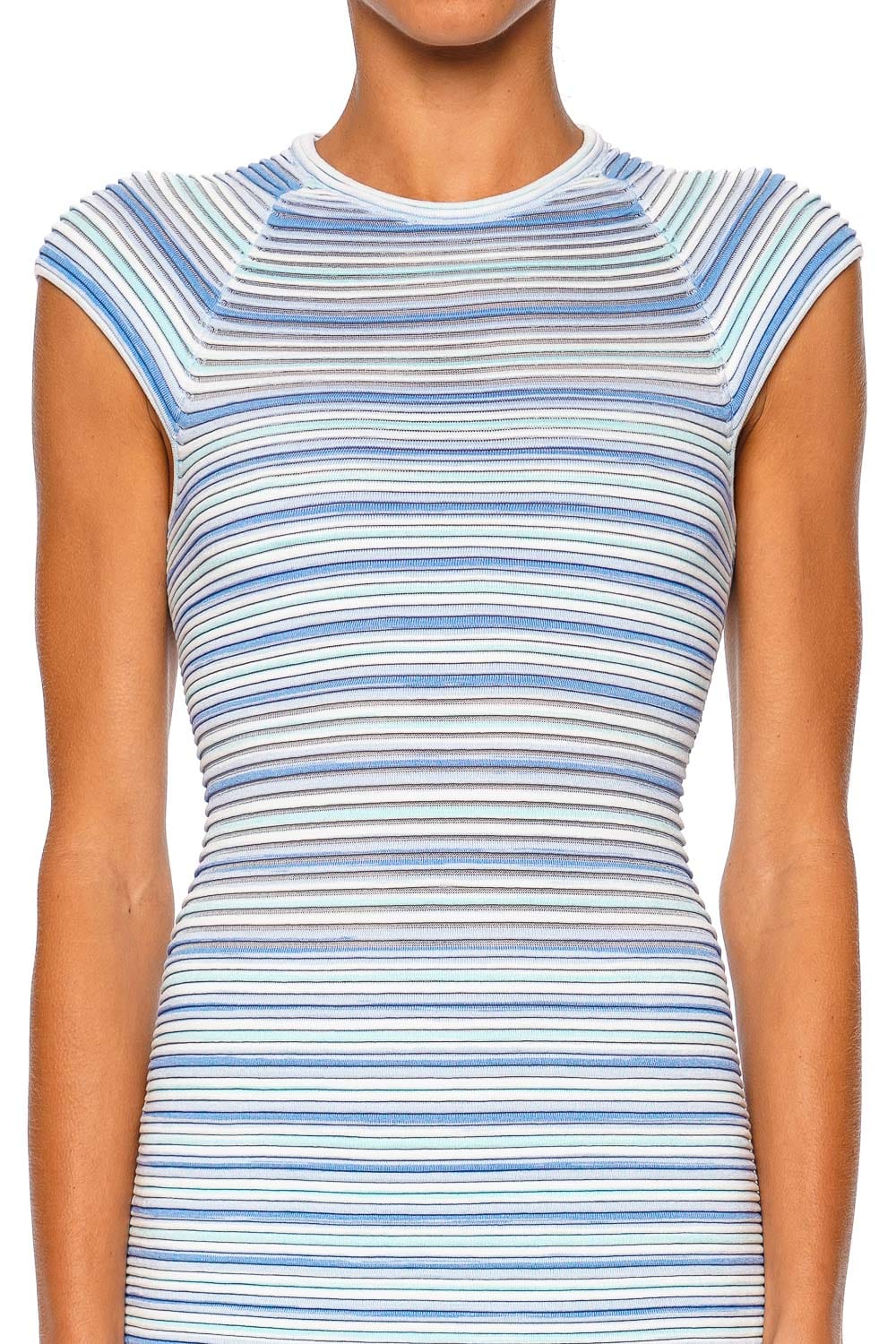 SIMKHAI Danica Periwinkle Multi Stripe Knit Cap Sleeve Midi Dress
