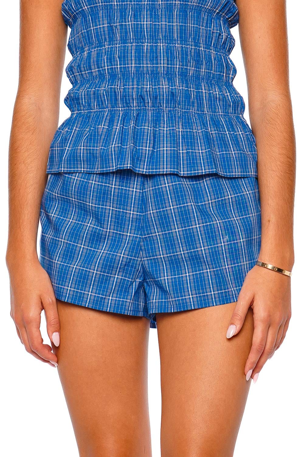 Faithfull The Brand Leya Cobalt Floral Check High Rise Shorts
