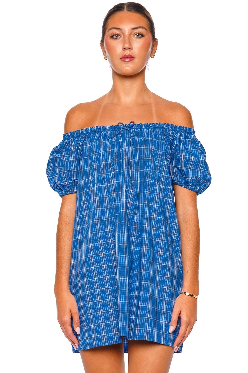 Faithfull The Brand Costa Cobalt Off Shoulder Puff Sleeve Mini Dress