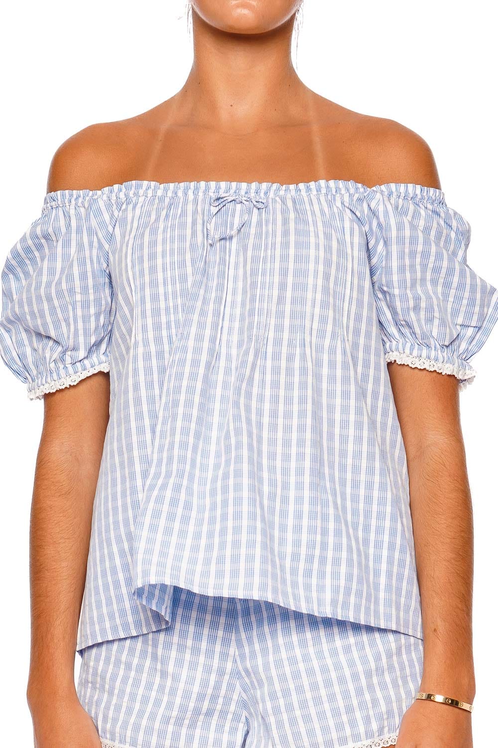 Faithfull The Brand Lonny Light Blue White Off Shoulder Puff Sleeve Top