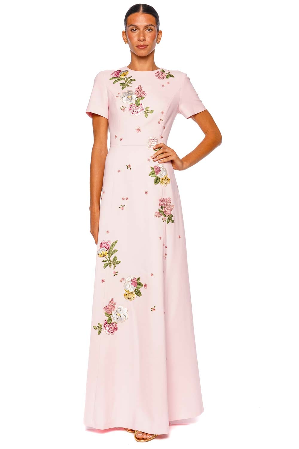Carolina Herrera Embroidered Rosewater Short Sleeve Gown