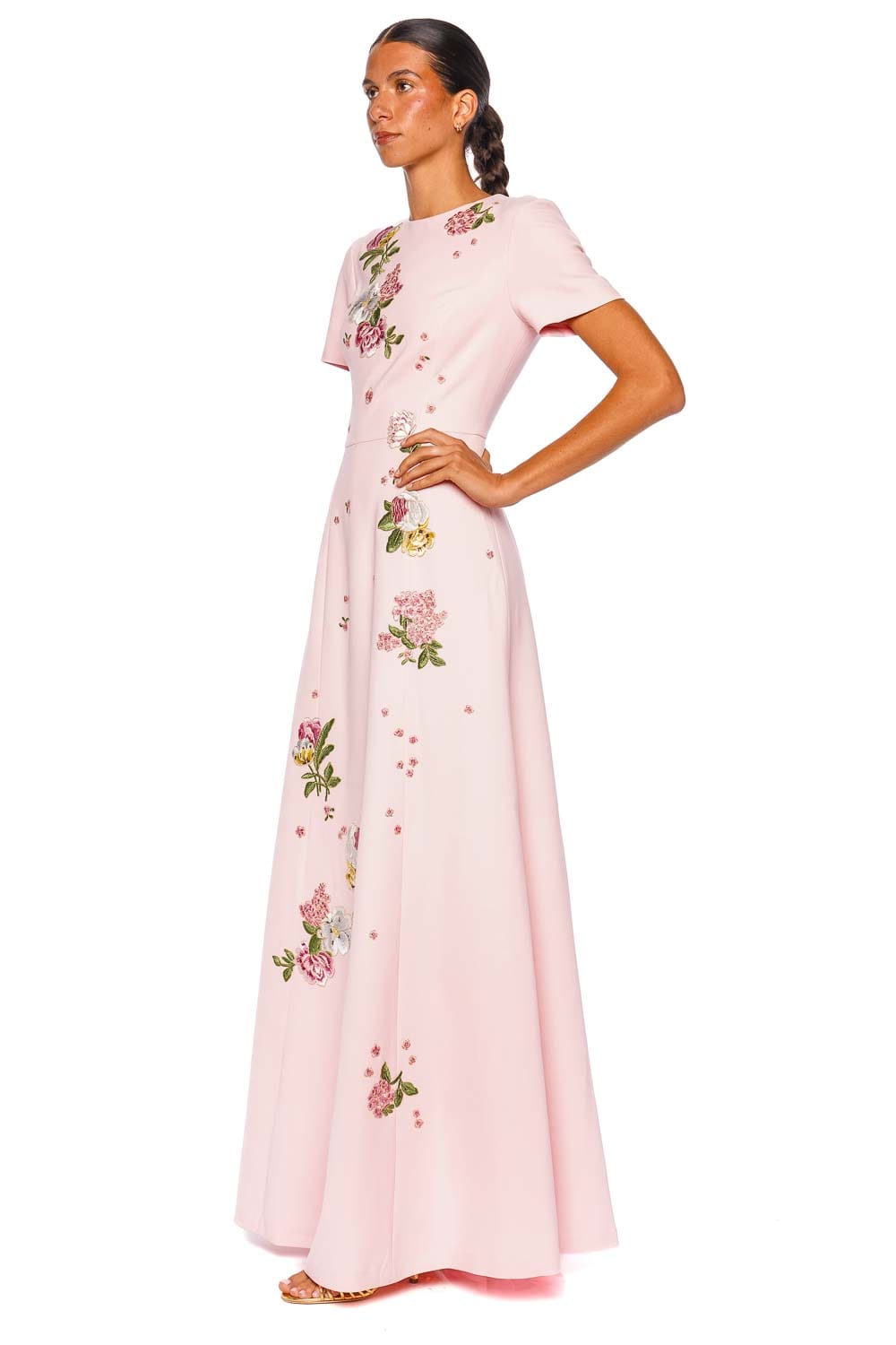 Carolina Herrera Embroidered Rosewater Short Sleeve Gown