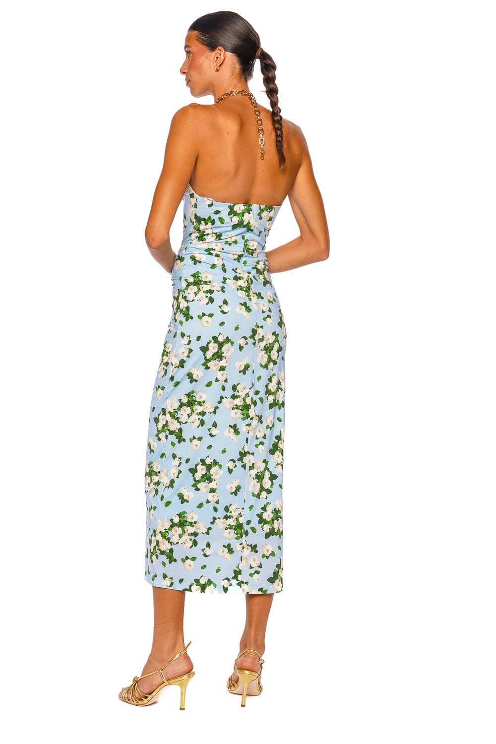 Carolina Herrera Halter Neck Draped Dress Cloudy Blue Floral Halter Midi Dress