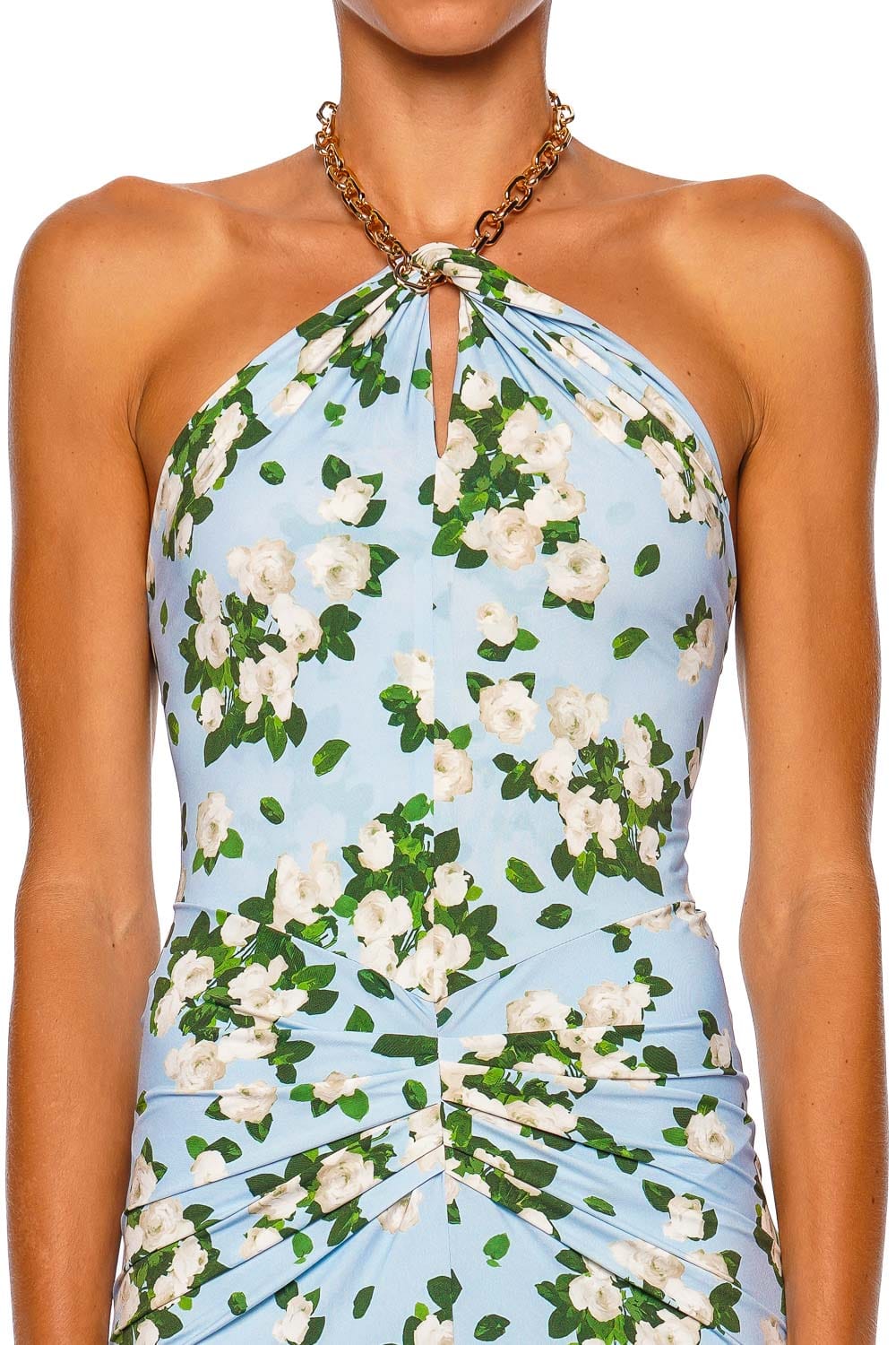 Carolina Herrera Halter Neck Draped Dress Cloudy Blue Floral Halter Midi Dress