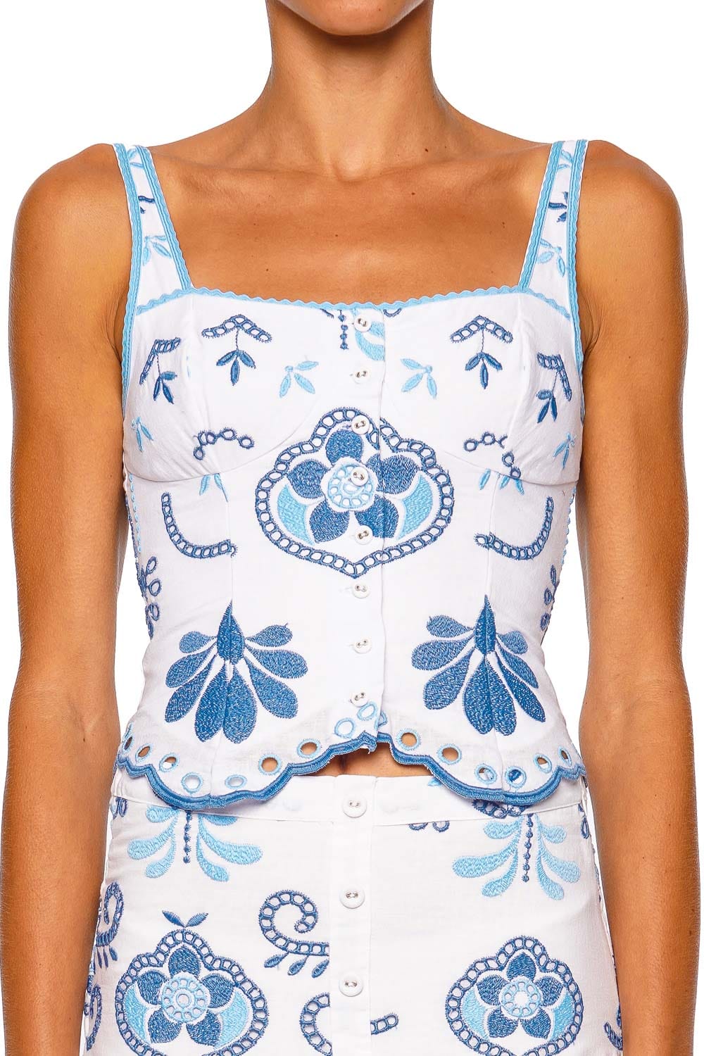 CHARO RUIZ IBIZA Top Loe White and Blue Strappy Embroidered Top