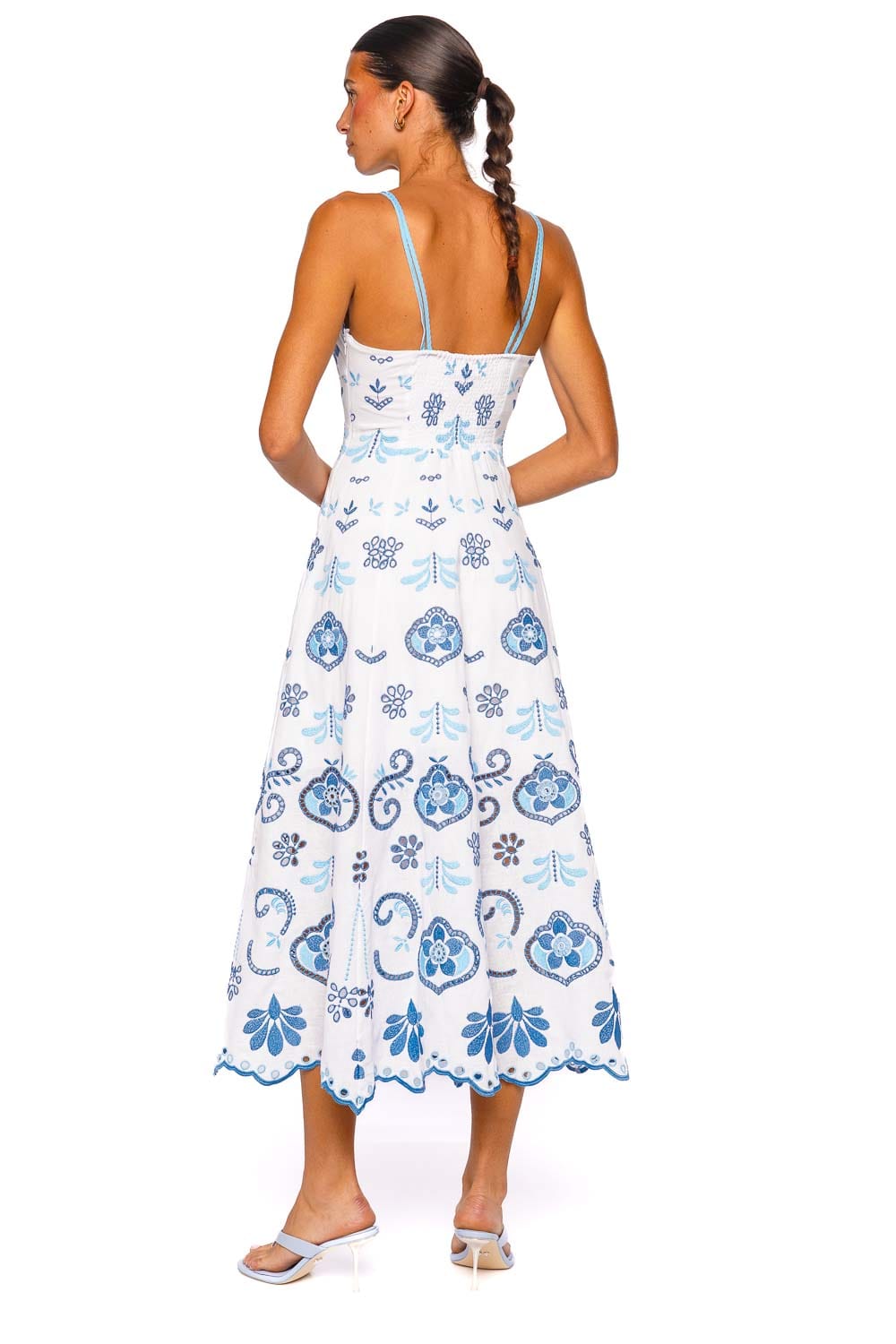 CHARO RUIZ IBIZA Lorina White and Blue Strappy Midi Dress