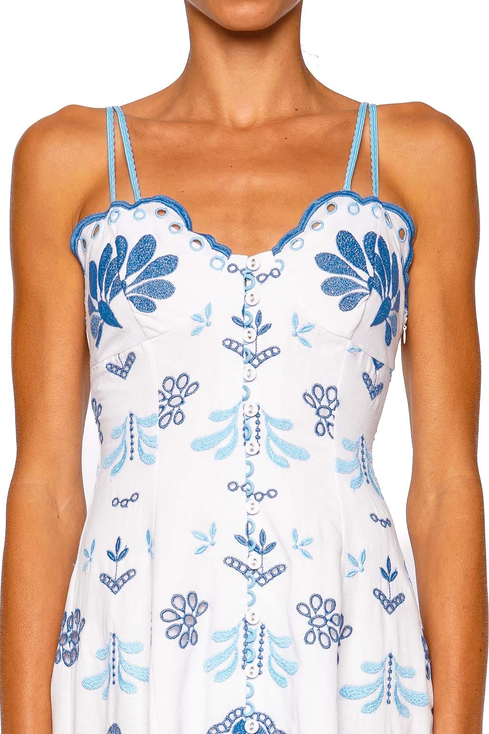 CHARO RUIZ IBIZA Lorina White and Blue Strappy Midi Dress