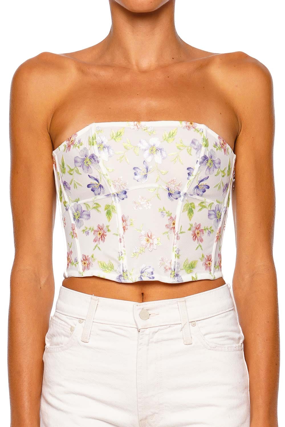 Fleur Du Mal Elara Embroidery Ivory Strapless Corset Top