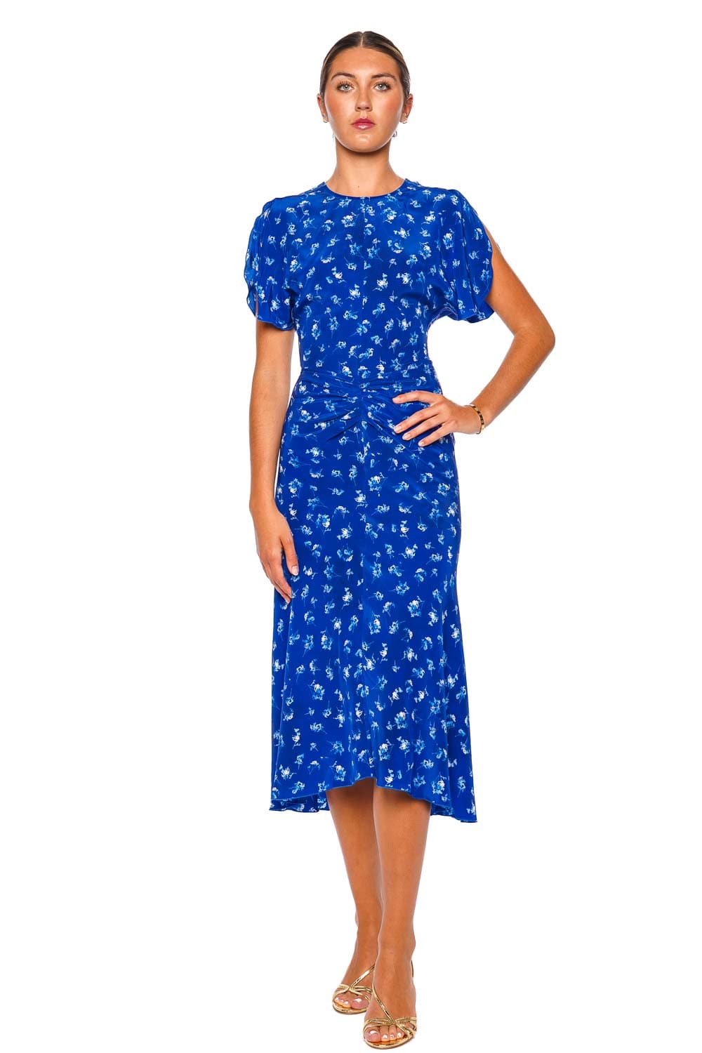 Victoria Beckham Bela Indigo Floral Short Sleeve Midi Dress