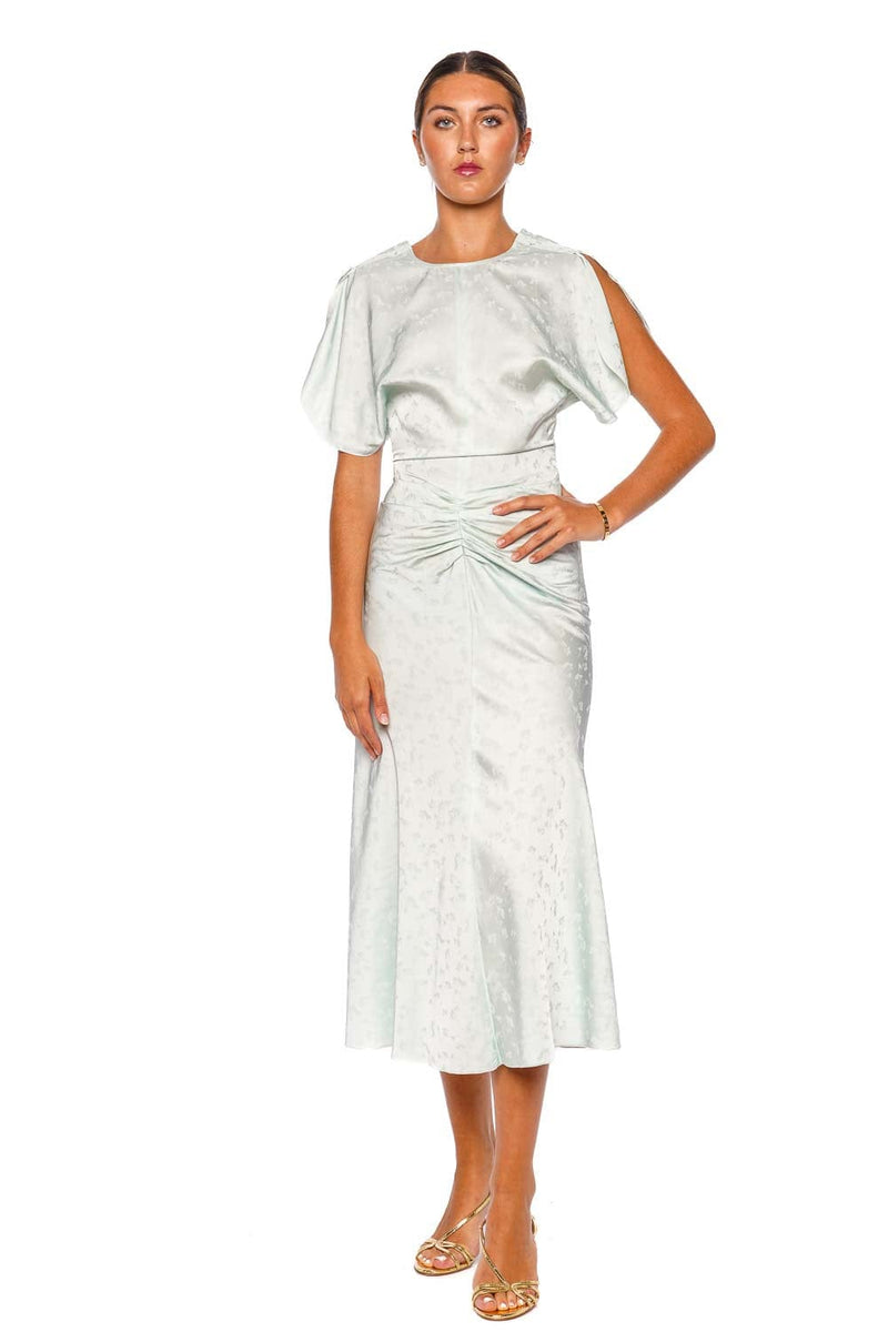 aqua crystal embellished sheath midi dress Victoria Beckham Bela Aquamarine Short Sleeve Ruched Jacquard Midi Dress
