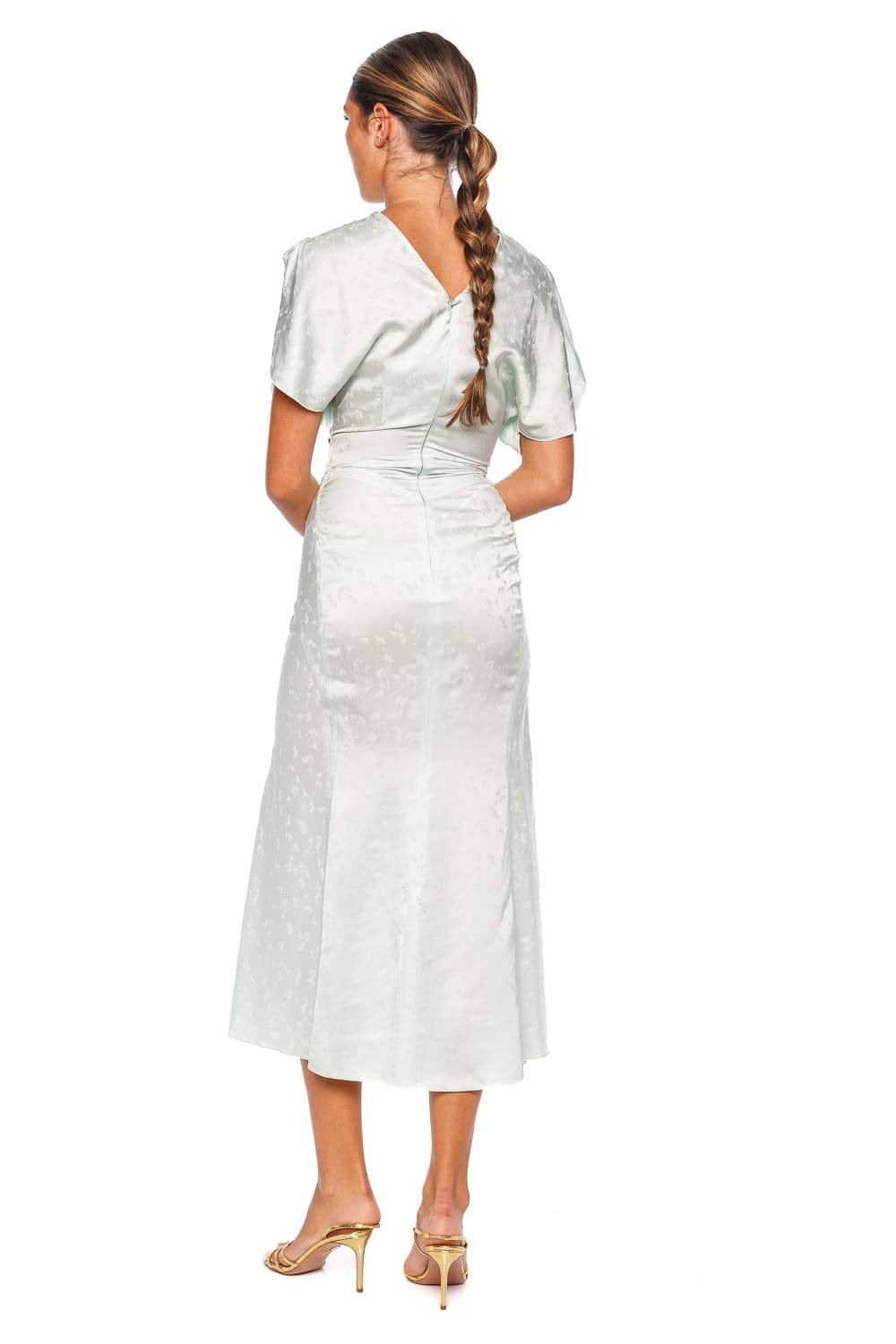 Bela Aquamarine Short Sleeve Ruched Jacquard Midi Dress