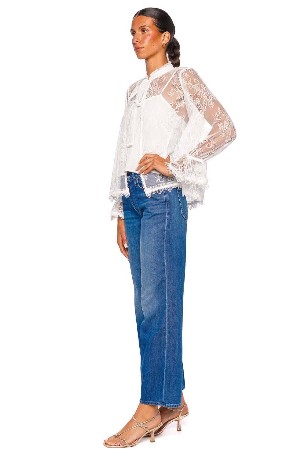 Waimari Ravello White Sheer Lace Tie Collar Top