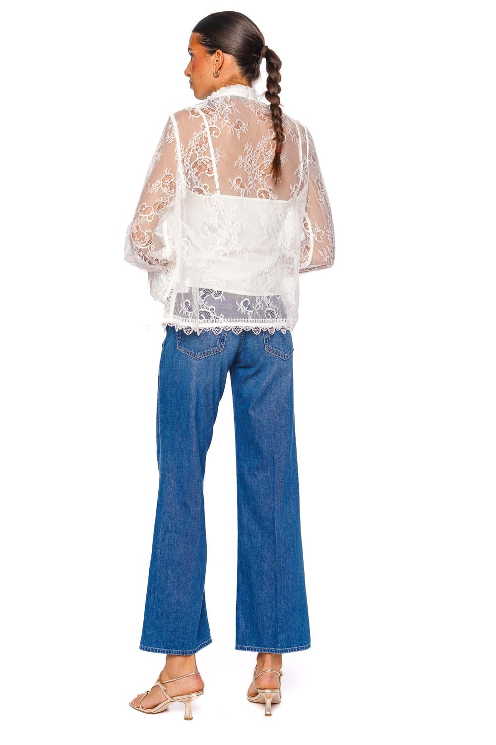 Waimari Ravello White Sheer Lace Tie Collar Top