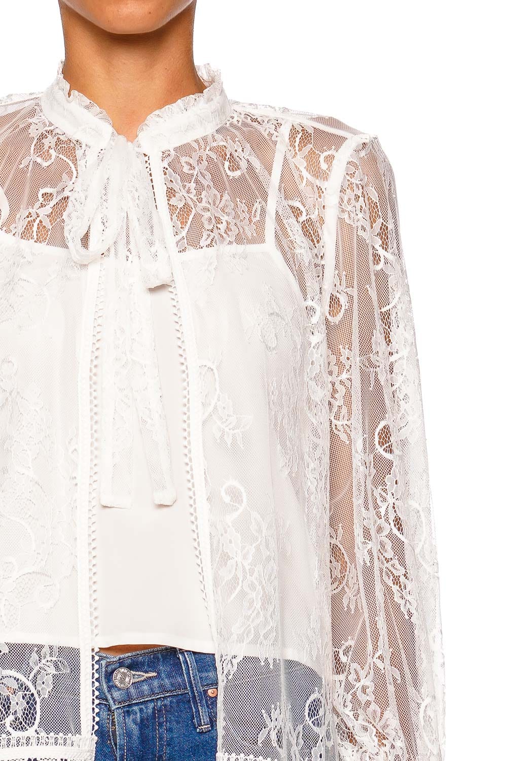 Waimari Ravello White Sheer Lace Tie Collar Top