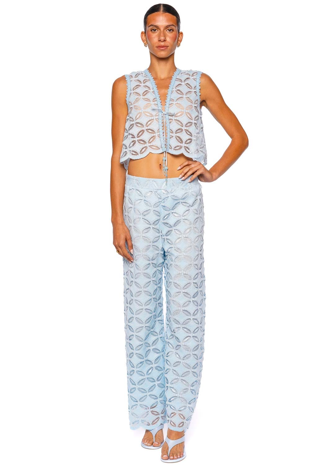 Waimari Toscana Sheer Blue Lace Tie Front Top