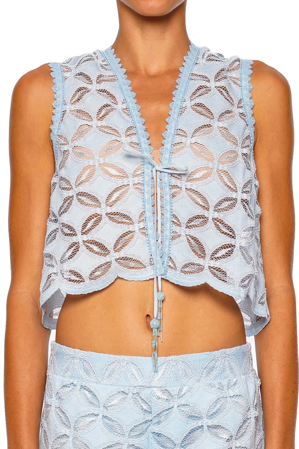 Waimari Toscana Sheer Blue Lace Tie Front Top