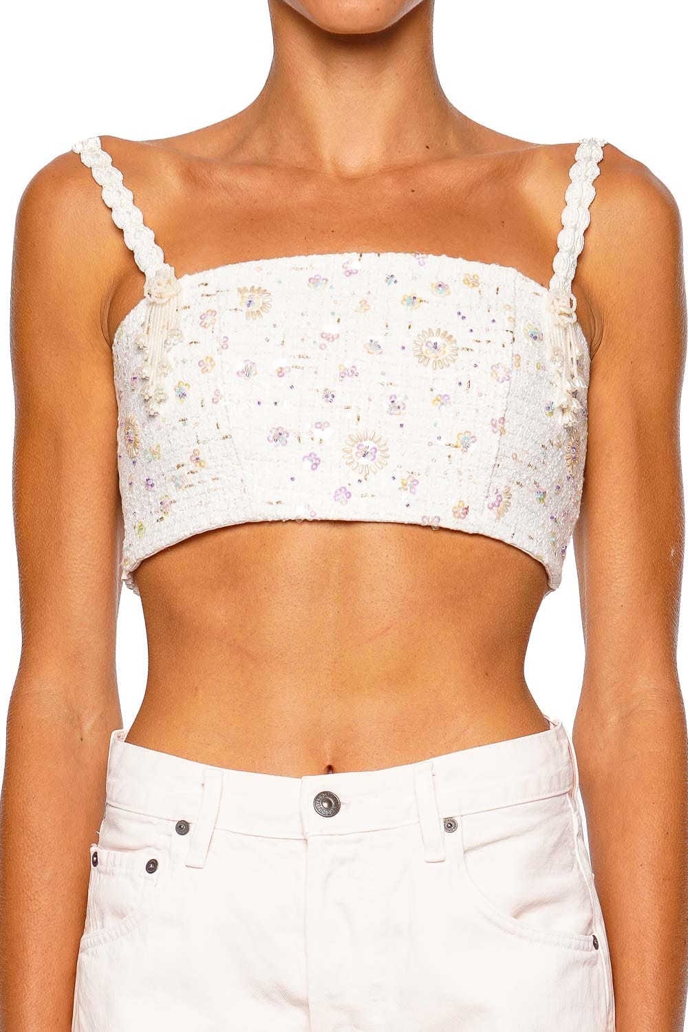 Waimari Diane Floral Sequin Tweed Cropped Top
