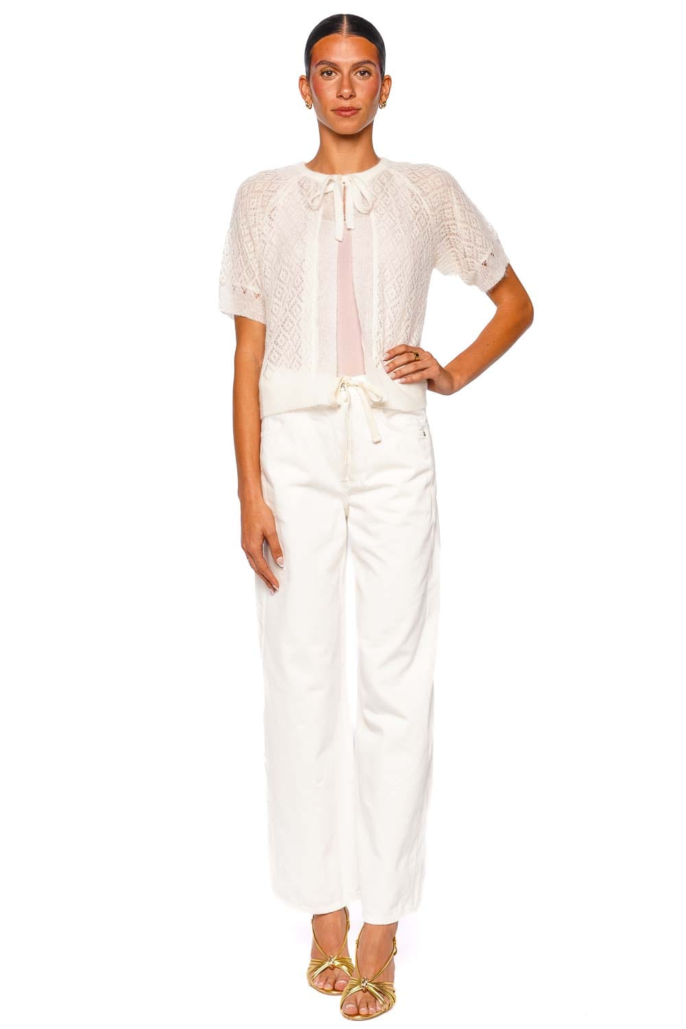 FRAME The Delicate Tie Cream Short Sleeve Sweater