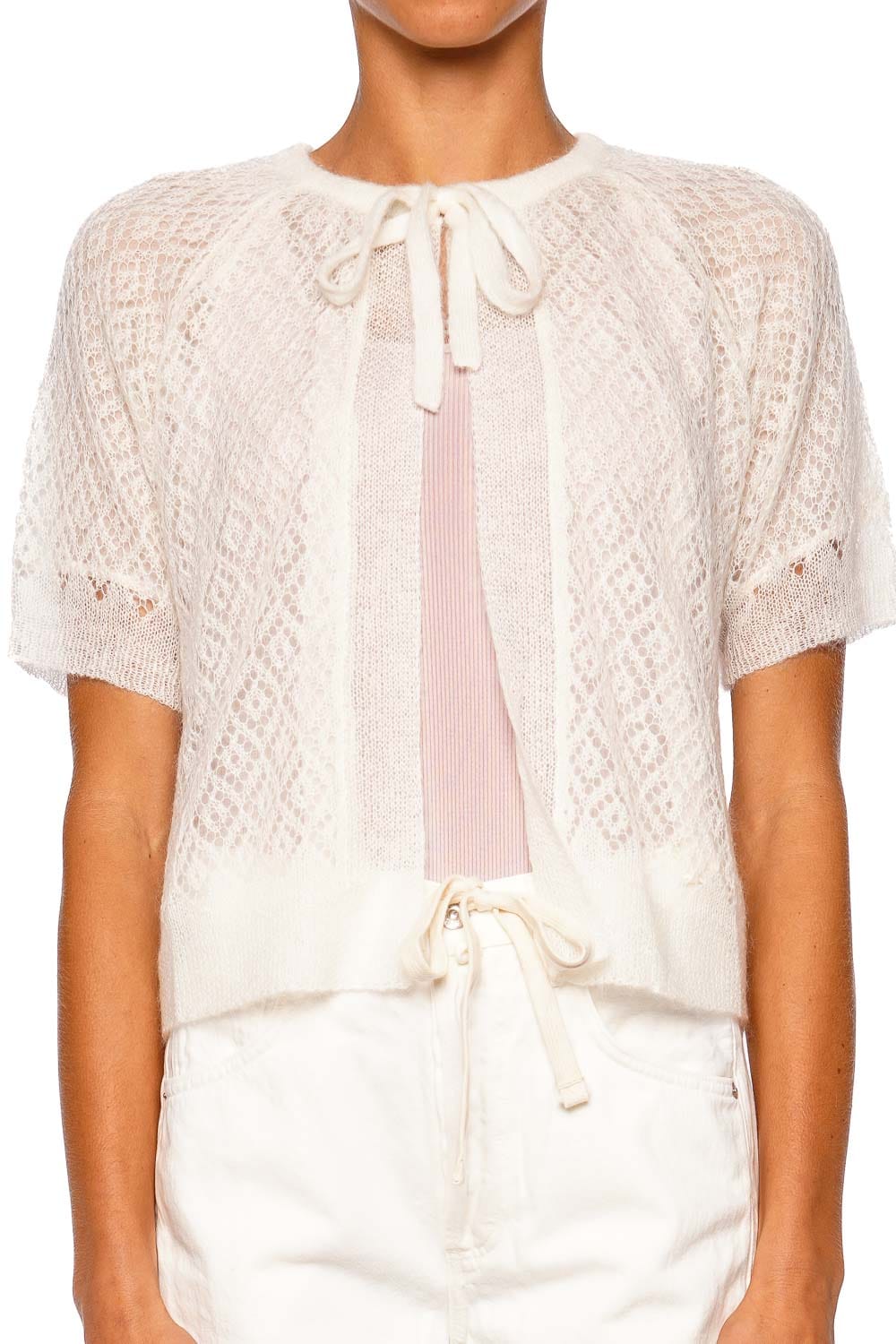 FRAME The Delicate Tie Cream Short Sleeve Sweater