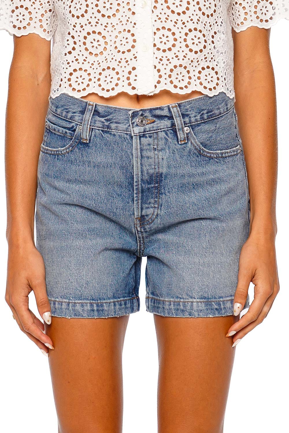 FRAME The Everyday Short Tempo Blue High Rise Denim Shorts