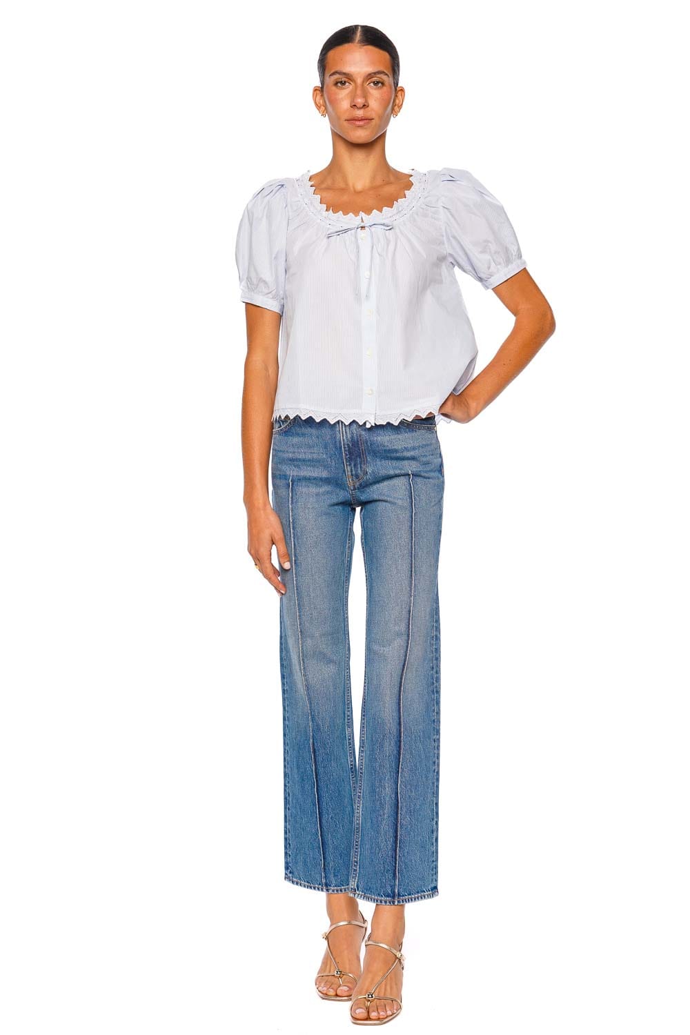 FRAME The Serene Top Short Sleeve Powder Blue Blouse