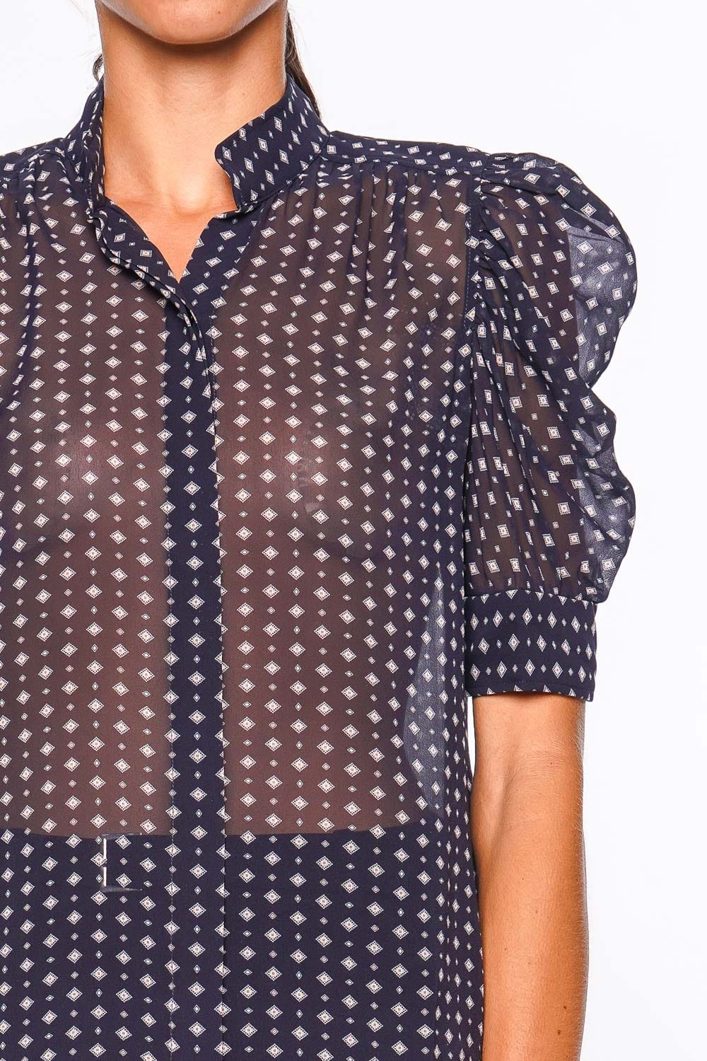 FRAME The Tie Print Gillian Top Puff Sleeve Navy Multi Blouse