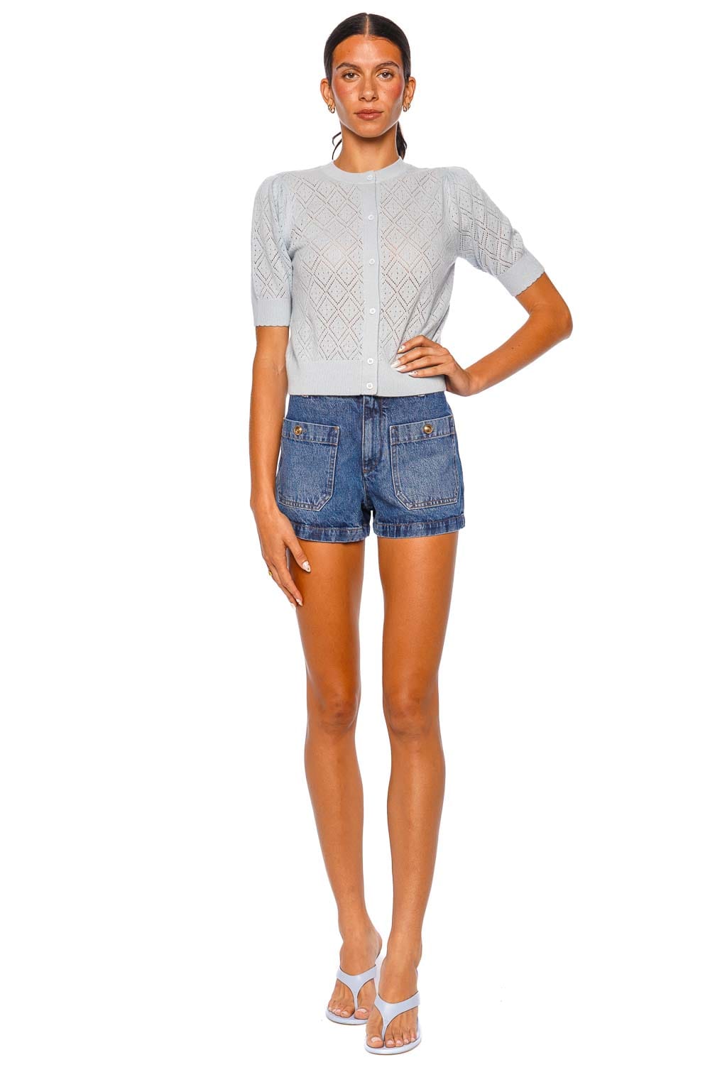 FRAME The Delicate Cashmere Sky Blue Short Sleeve Cardigan